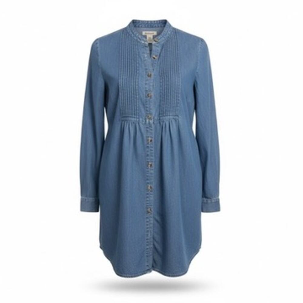 Ruff Hewn Chambray Tuxedo-Pleat Shirt Dress — M